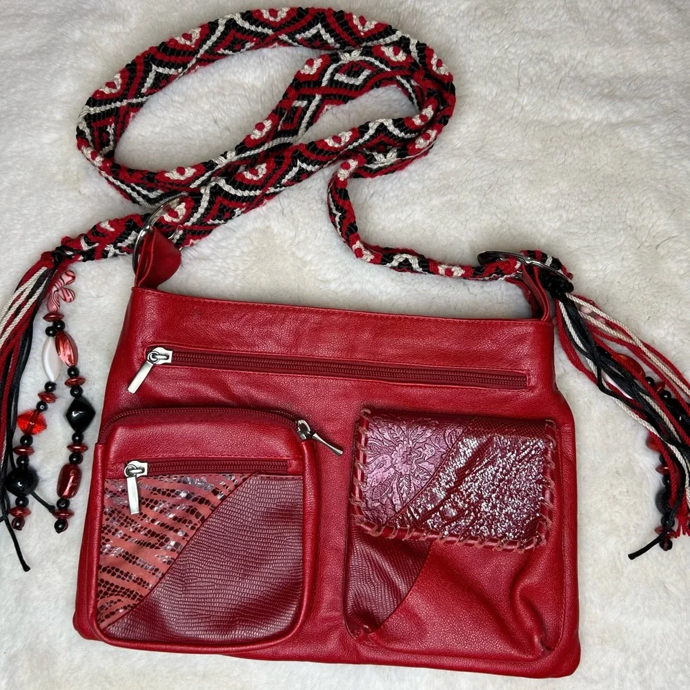 Monica Henao Red Leather Contrast Embellished Crossbody Bag